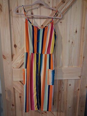PLMOKEN Colorful Striped Midi Dress XL Button Front Spaghetti Strap Summer Pocke